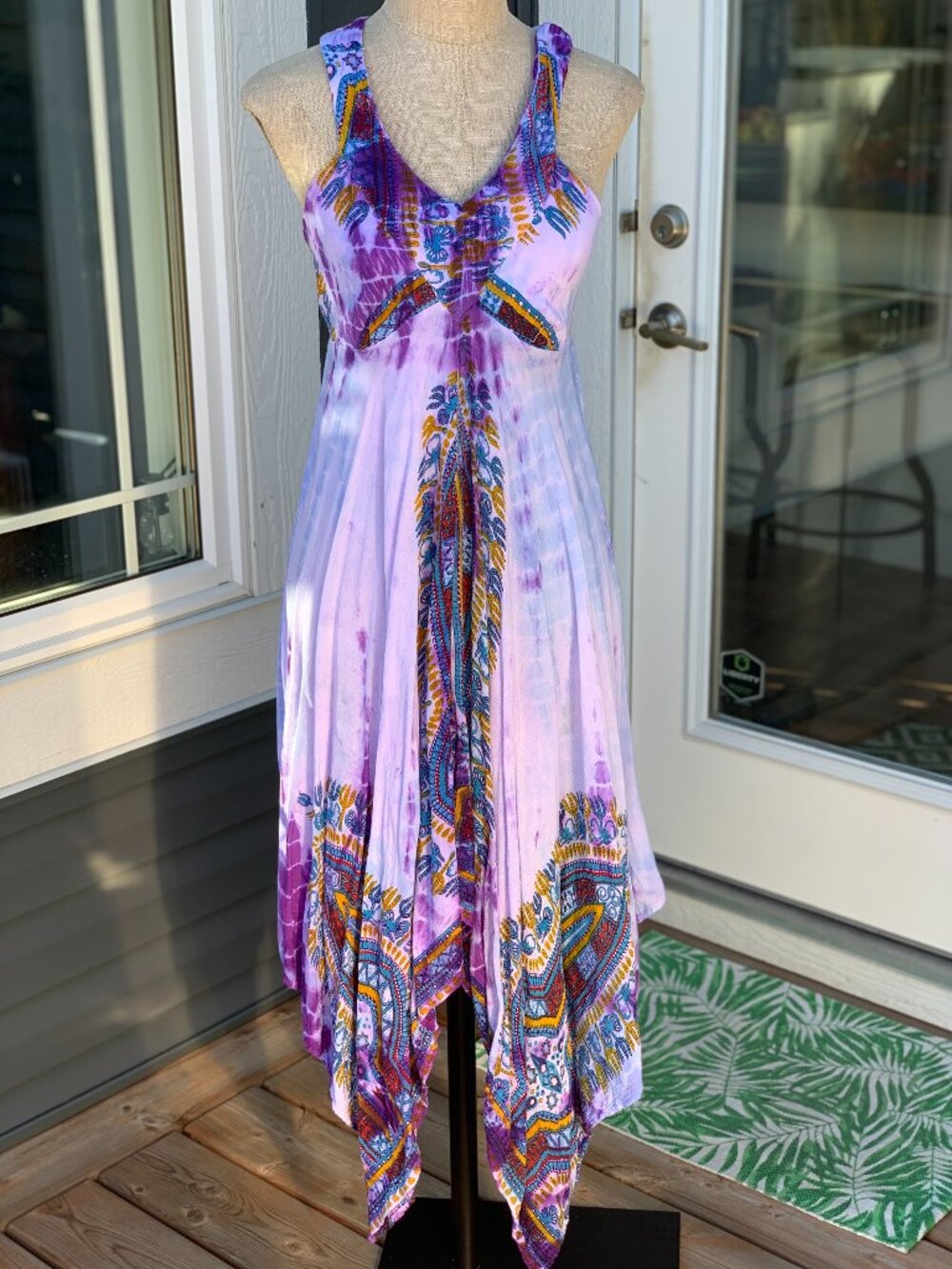 Vintage Y2K Boho Midi Dress S Purple Tie-dye Asymmetric Handkerchief Hem Fairy